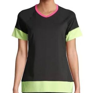 Avia Short Sleeve Colorblock Athletic Shirt, Black/Neon, Size XL (16-18)
